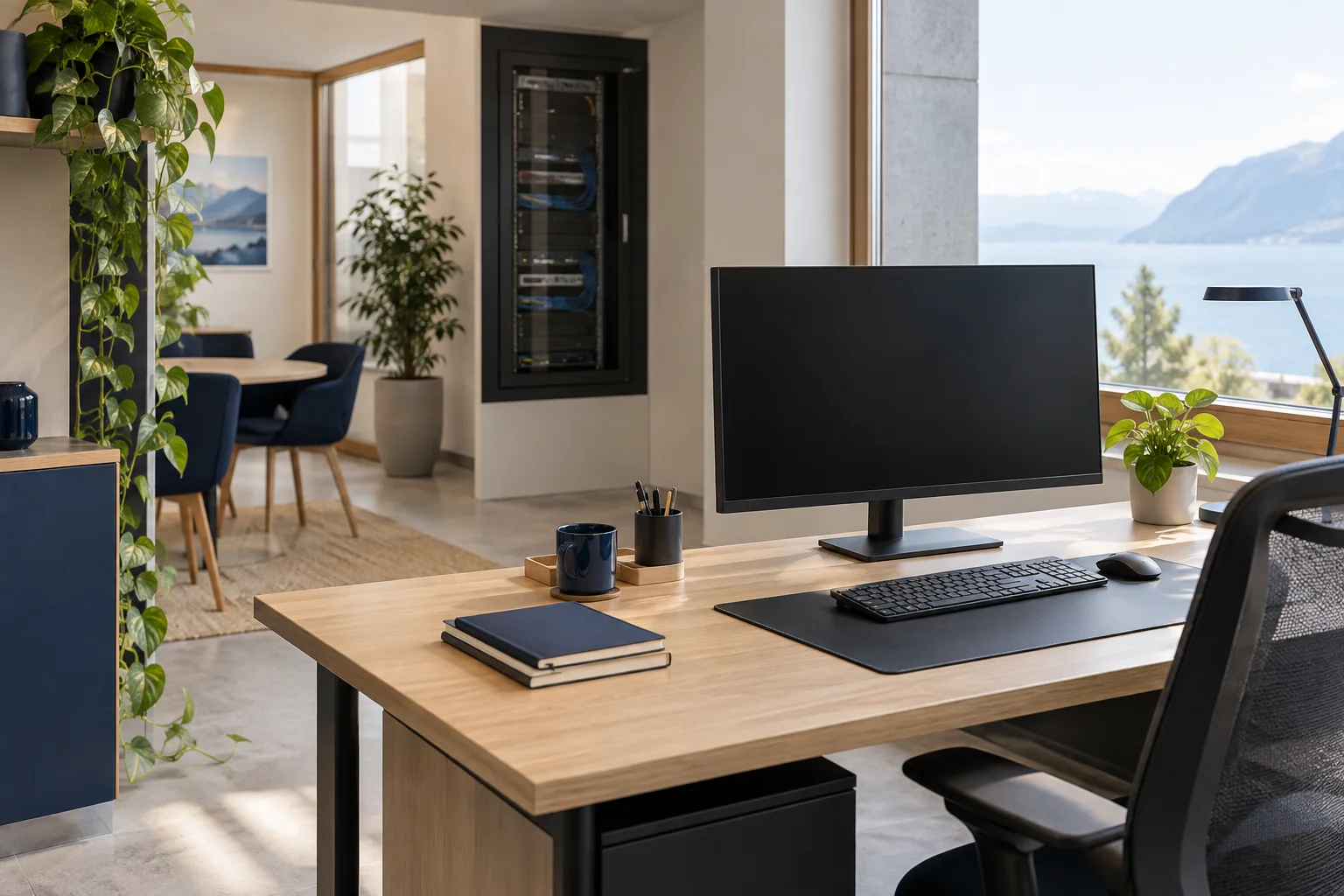 Illustration d’un bureau contemporain avec ses équipements informatiques