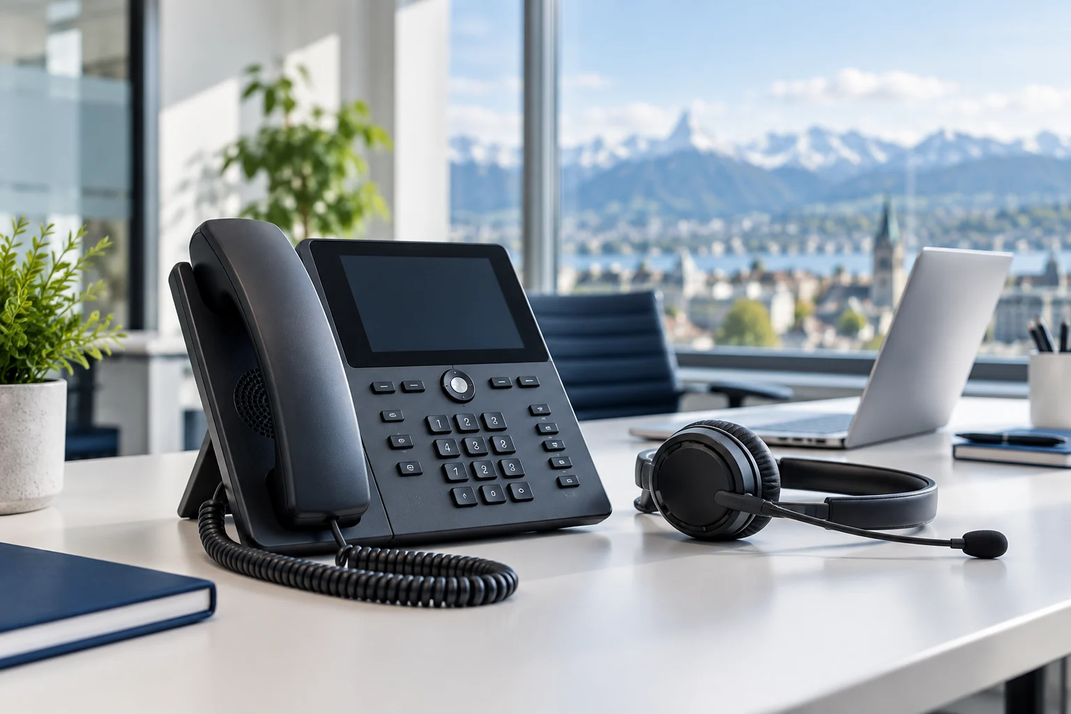 Illustration d’un téléphone IP et d’un casque dans un bureau contemporain
