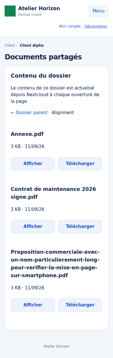 Documents partagés dans le portail client sur mobile, avec les actions Afficher et Télécharger.